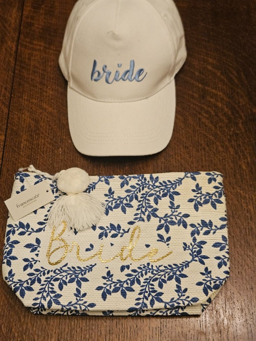 Shiraleah Chicago Blue & White Floral "Bride" Makeup Bag & White "Bride" Hat